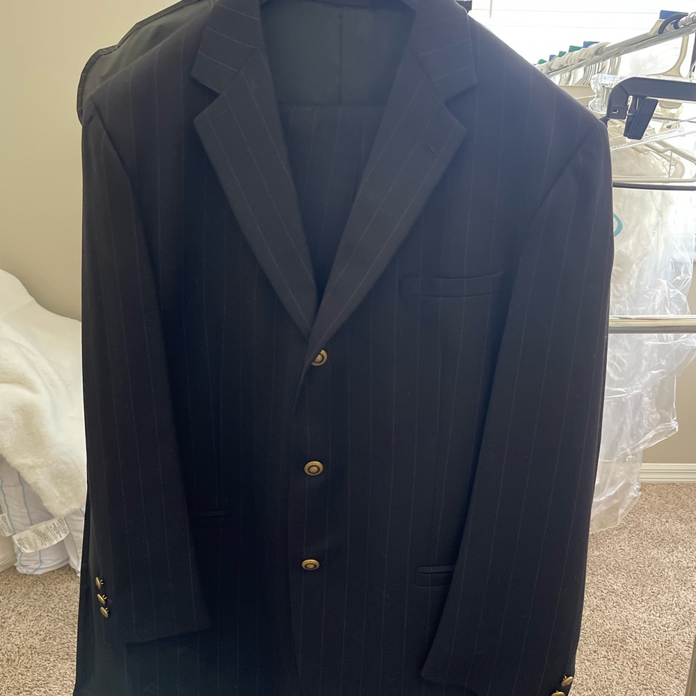 Versace Suit. Sleeve 24.5”L,Shoulders 22”W, Pants (39L), Rise 15”, Inseam 29”